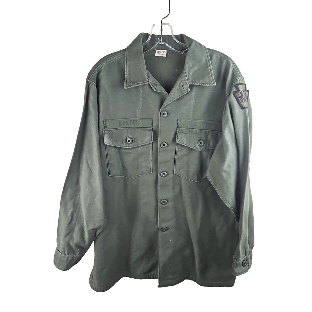Vintage US Army OG-107 Man’s Cotton Sateen Shirt 16.5x32 Green Vietnam Era 1968